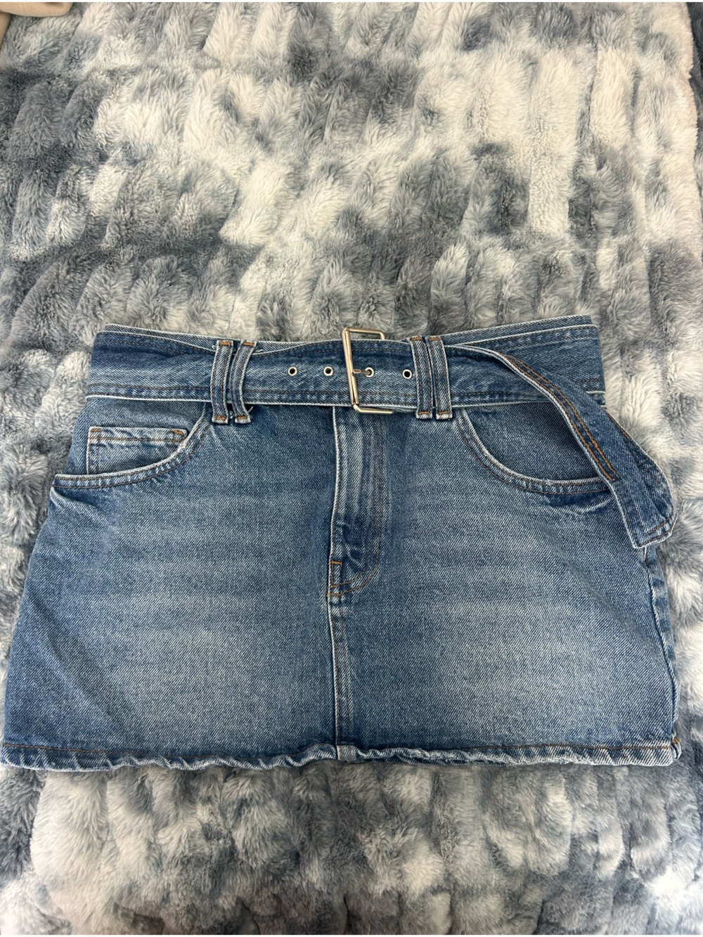 Bershka Blue High-Rise Denim Mini Skirt with Belt